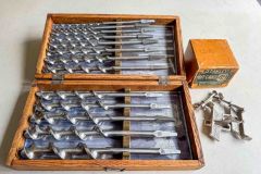 108  James Swan 13-piece Brace Bit set in wood case, and Stanley No. 49 bit Gauge w/box, Excellent