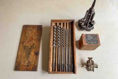 109  James Swan 6-piece Bit set in wood case, Stanley No. 49 bit gauge, and dowel cutter, Excellent