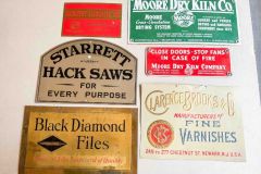 151  (6) metal signs, woodworking related, and a (not working) Porter-Cable clock, Very Good