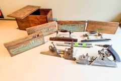 170  Stanley No. 55 Combination Plane, 4 boxes of cutters, in Stanley wood box, Very Good