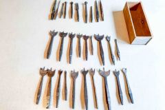 203  Lot of 19 center point bits ½” to 1 ½”, also various accessory bits for vintage braces, Fair to Good