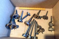 257  (lot) 15 large drill bits, 1” to 3 5/8”, mostly Forstner type of various sizes and makers, Fair to Good